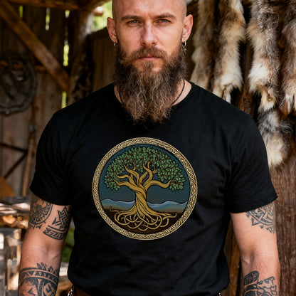 Man wearing a Norse Mythology Tree Graphic Tee Front