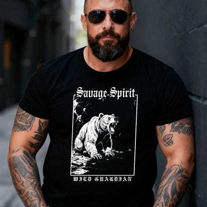 Man wearing a black t-shirt with a bear graphic and 'Savage Spirit' text.