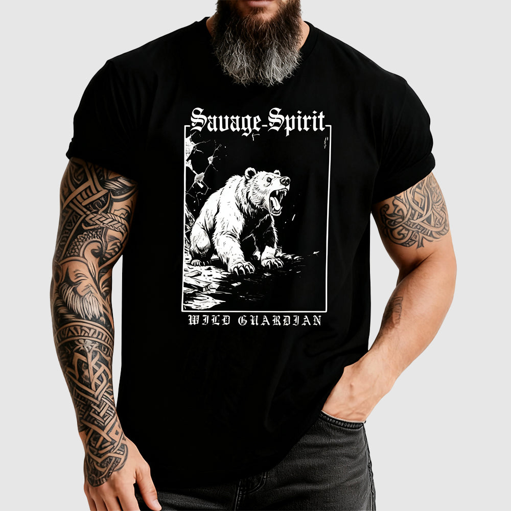 Person wearing a black t-shirt with a bear graphic and 'Savage Spirit' text on a light gray background