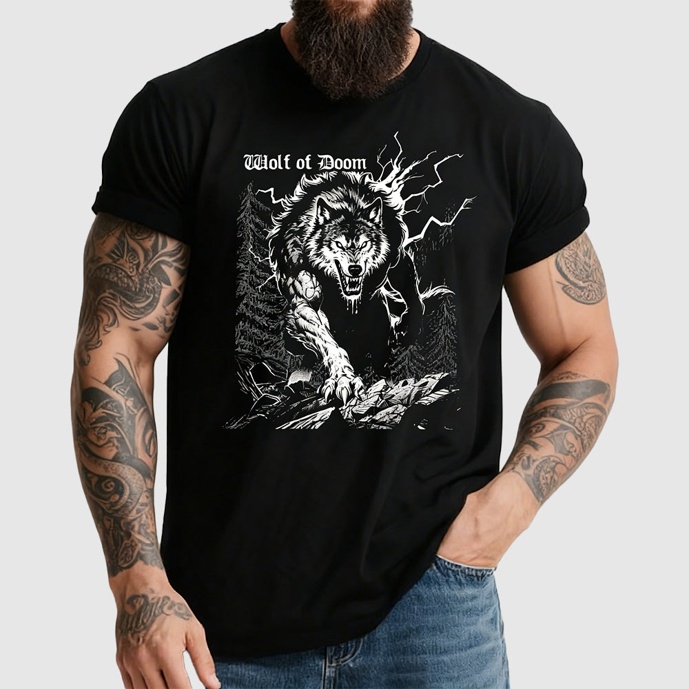Person wearing a black howling wolf black t-shirt