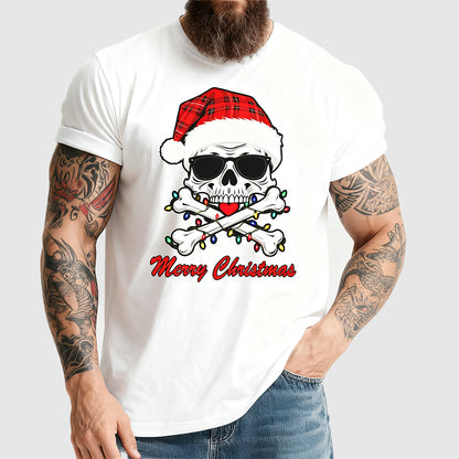 Person wearing a white t-shirt with a skull and crossbones design wearing a Santa hat and Christmas lights, with 'Merry Christmas' text.
