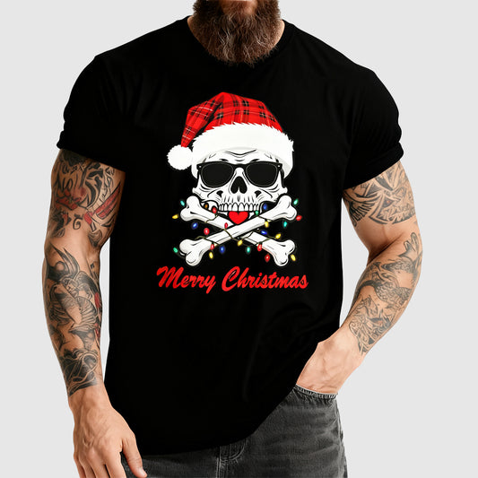 Black t-shirt with a skull and crossbones design wearing a Santa hat and lights, with 'Merry Christmas' text.img