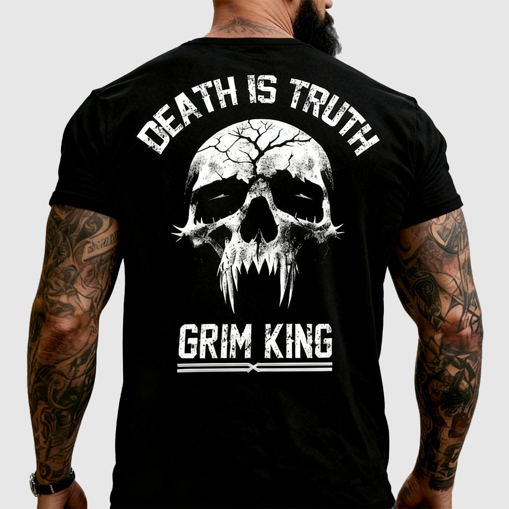 Black t-shirt with skull design and text 'Death is Truth Grim King' on a plain background