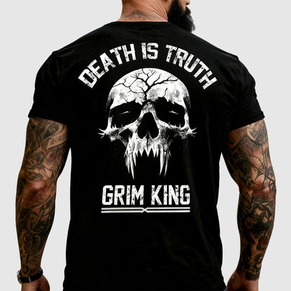 Black t-shirt with skull design and text 'Death is Truth Grim King' on a plain background