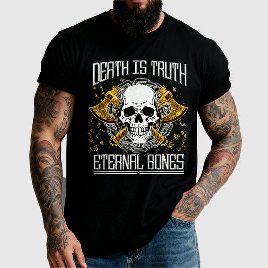 Person wearing a black t-shirt with a skull design and text on a white backgroundimg