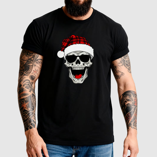 Black t-shirt with a skull wearing a Santa hat design, worn by a person with tattoos.img