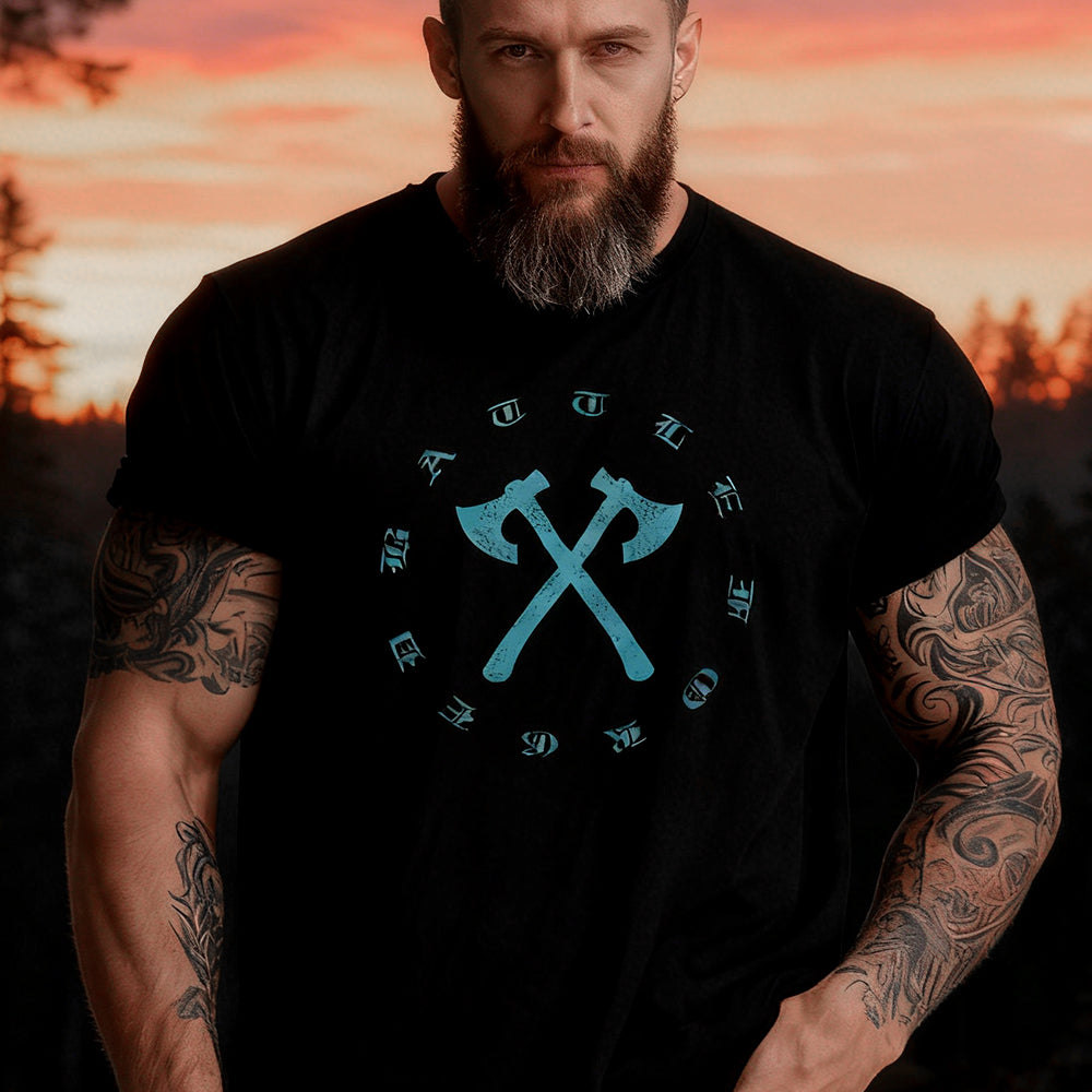 Viking style black t-shirt with crossed axes design