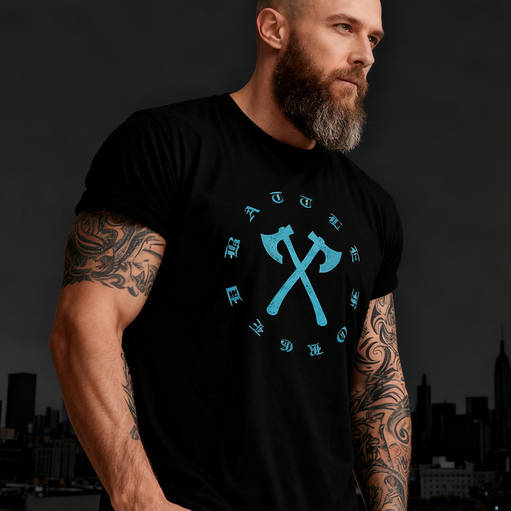 Viking style black t-shirt with crossed axes design