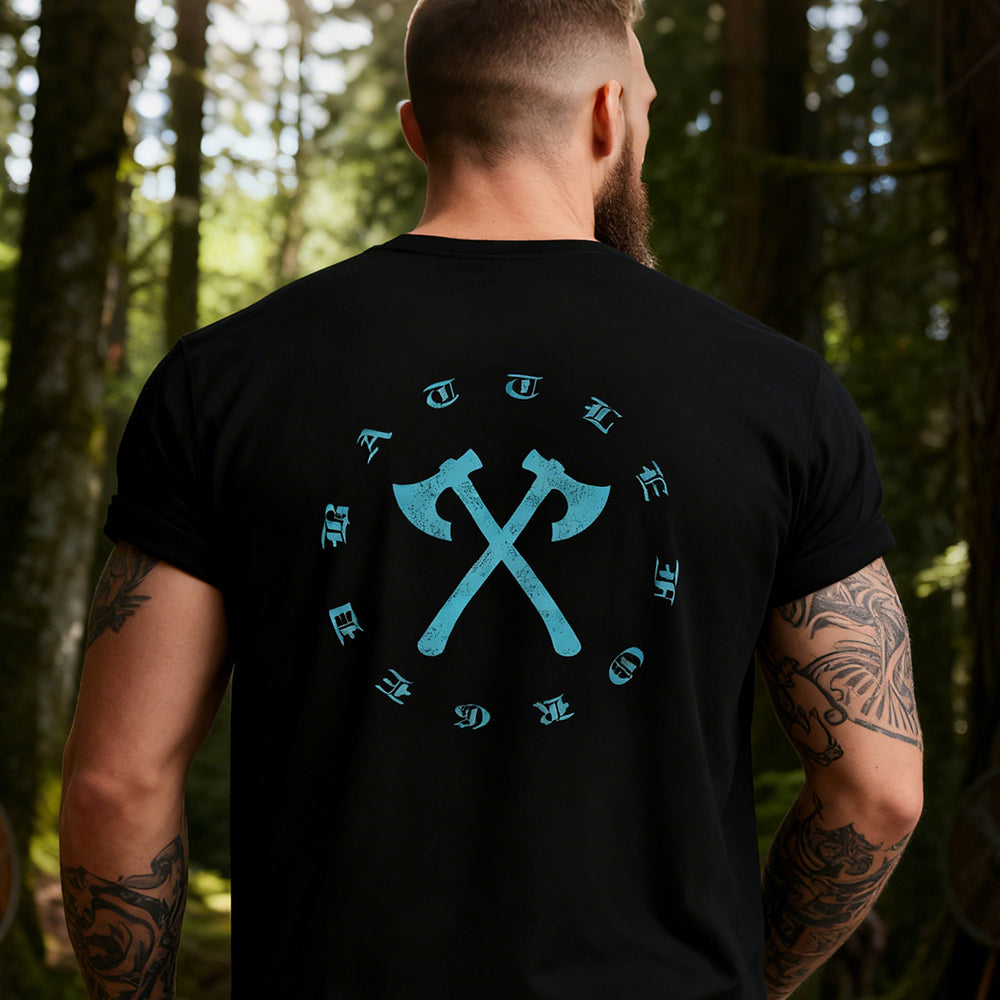 Viking style black t-shirt with crossed axes design