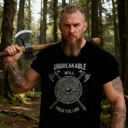 Bold Norse mythology t-shirt featuring shield and axes