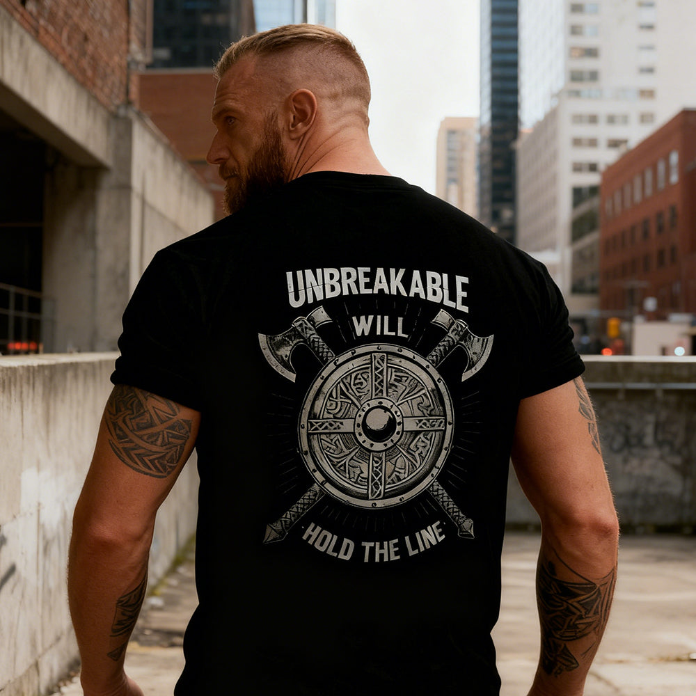 Bold Norse mythology t-shirt featuring shield and axes