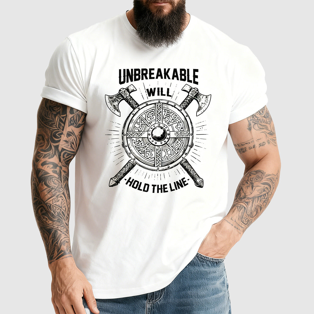 Bold Norse mythology t-shirt featuring shield and axes