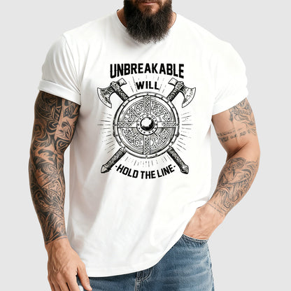 Bold Norse mythology t-shirt featuring shield and axes