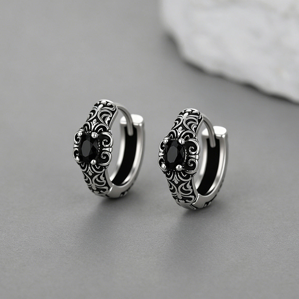 Vintage Tang Grass Pattern Hoop Earrings with Black Onyx for Men