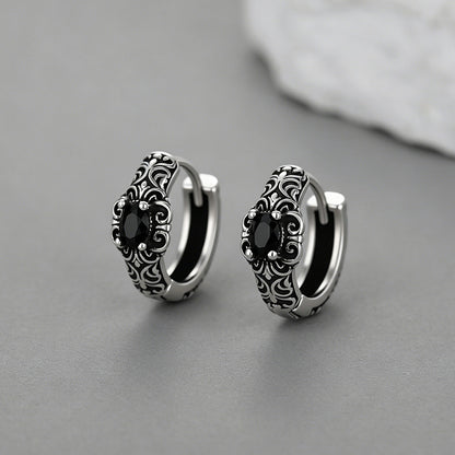 Vintage Tang Grass Pattern Hoop Earrings with Black Onyx for Men