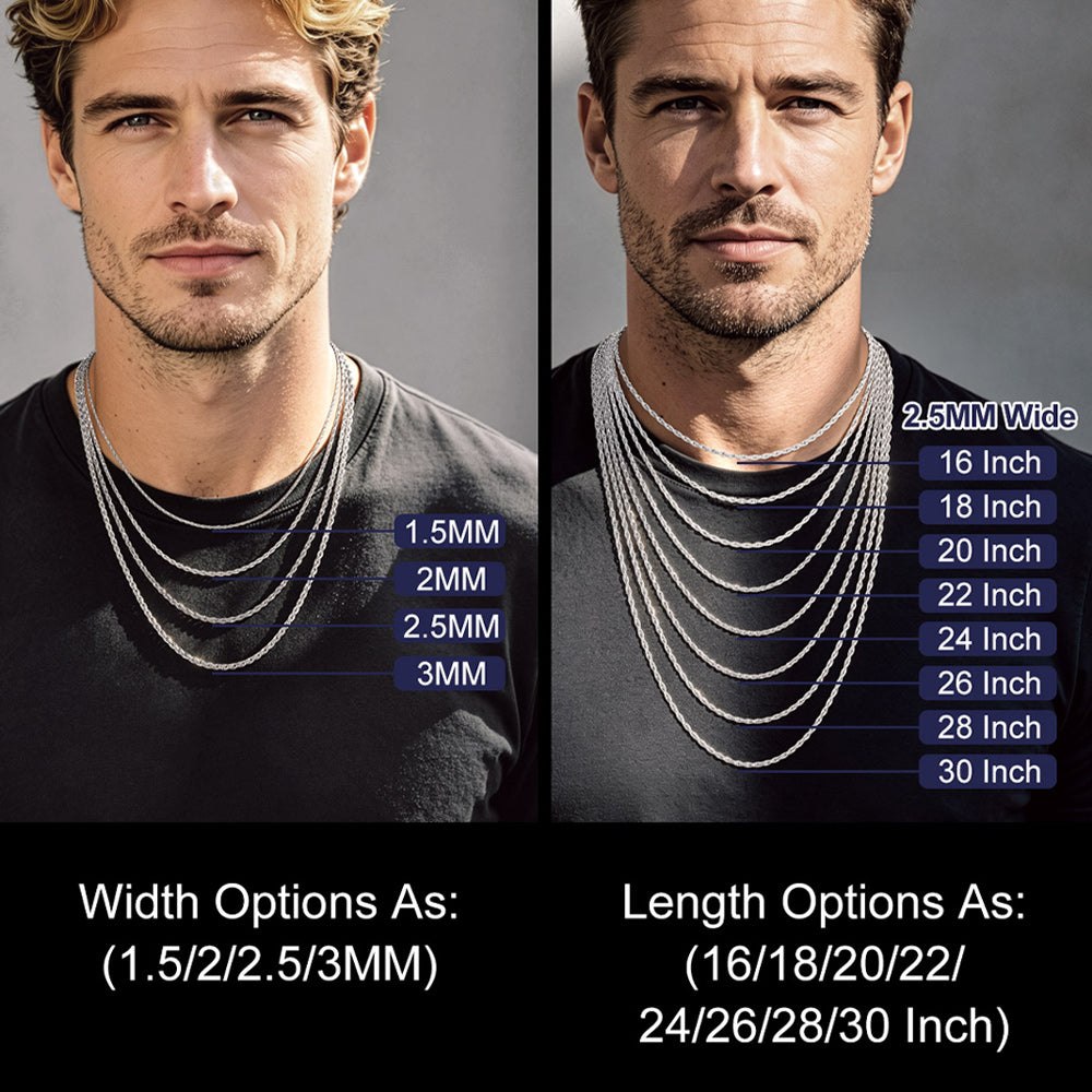 Thin Rope Chain Necklace for Men, 1.5 / 2 / 2.5 / 3MM Width