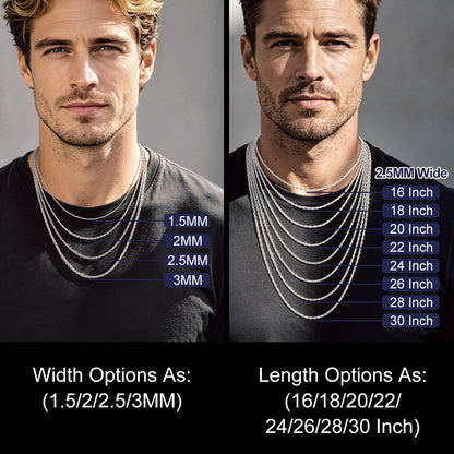 Thin Rope Chain Necklace for Men, 1.5 / 2 / 2.5 / 3MM Width