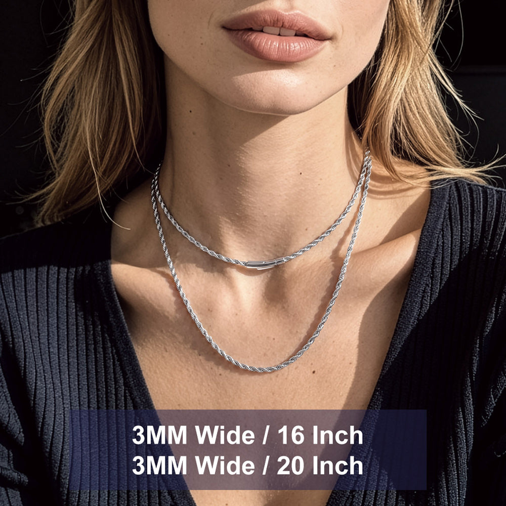 Thin Rope Chain Necklace for Men, 1.5 / 2 / 2.5 / 3MM Width