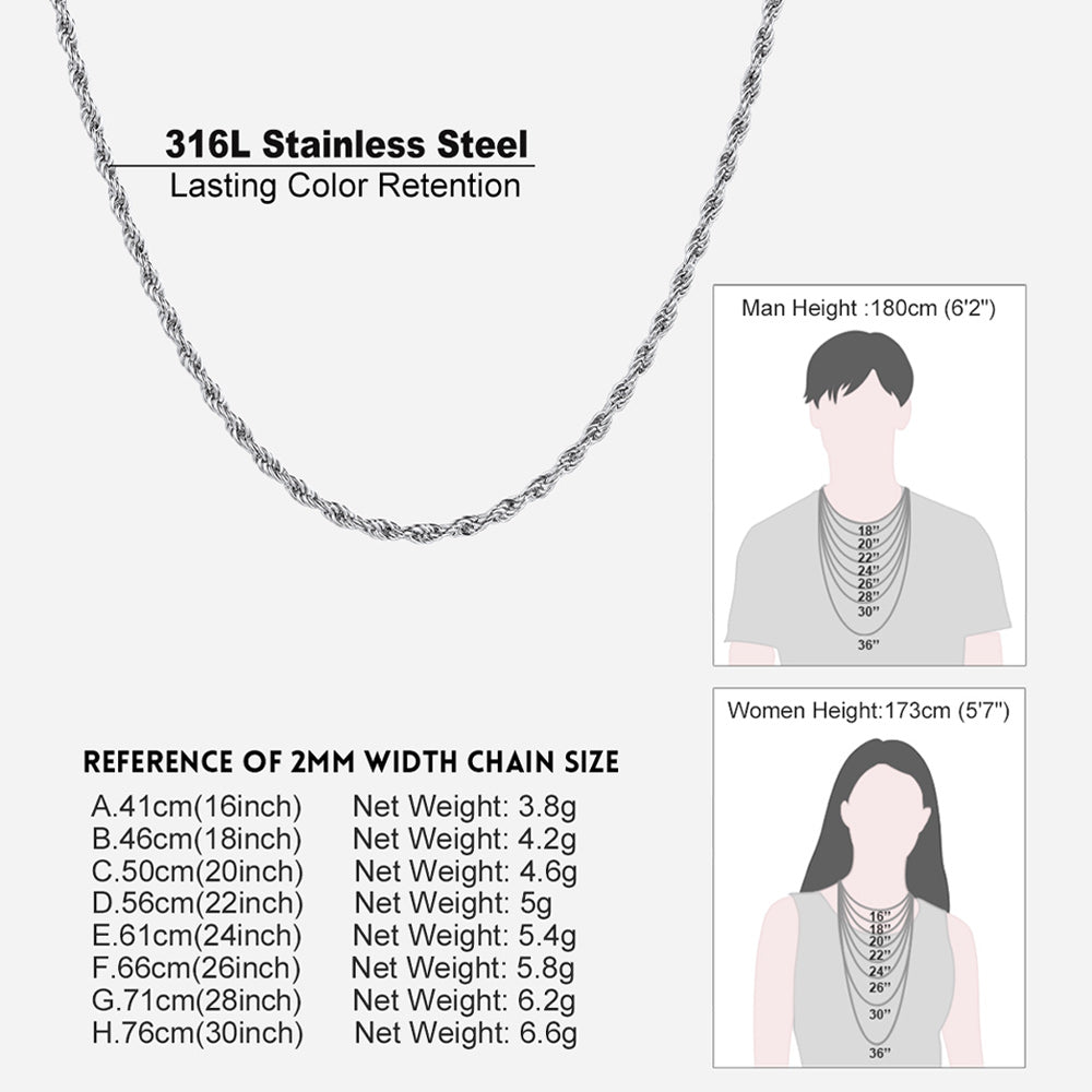 Thin Rope Chain Necklace for Men, 1.5 / 2 / 2.5 / 3MM Width