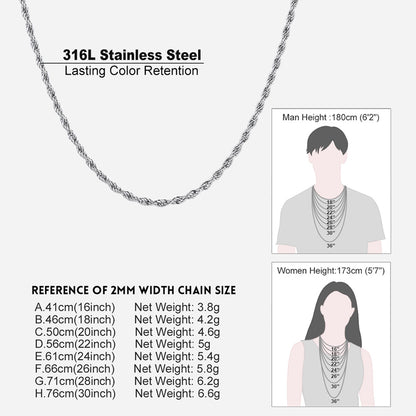 Thin Rope Chain Necklace for Men, 1.5 / 2 / 2.5 / 3MM Width