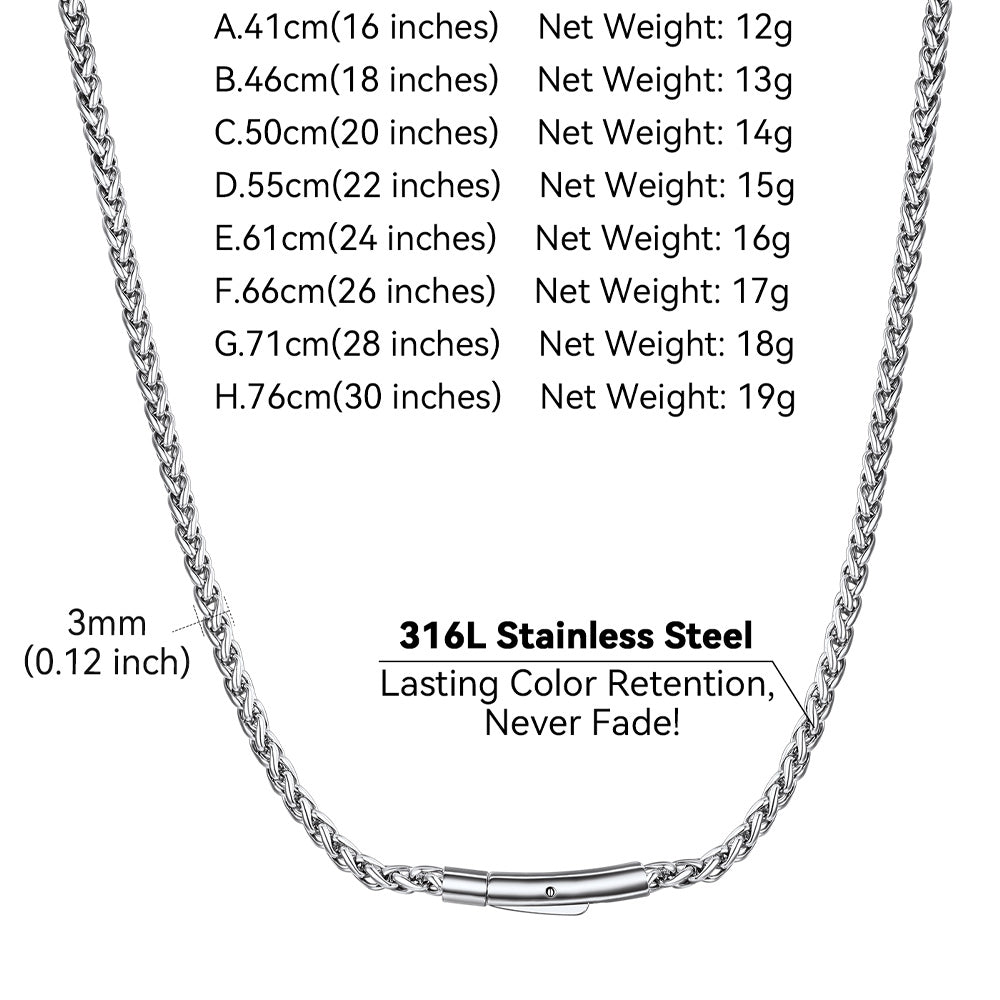Thin Wheat Chain Necklace for Men, 2.5/3MM Width