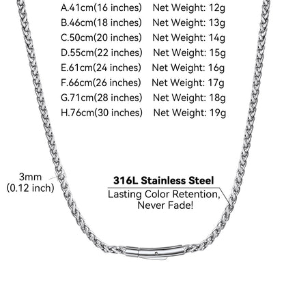 Thin Wheat Chain Necklace for Men, 2.5/3MM Width