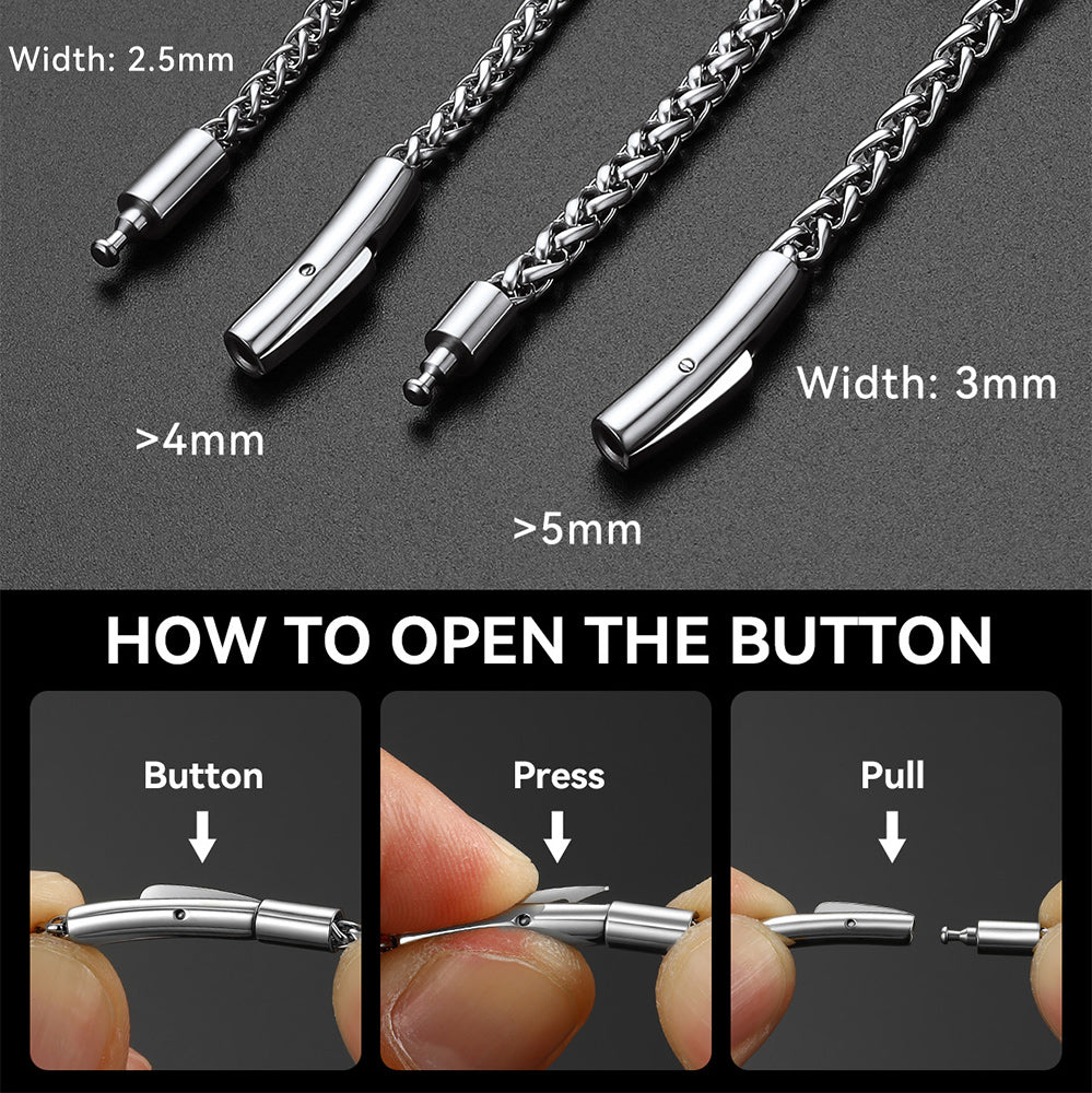 A product comparison and instruction graphic for a silver metal button necklace clasp. The top half shows three chain lengths labeled 2.