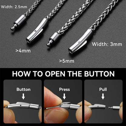 A product comparison and instruction graphic for a silver metal button necklace clasp. The top half shows three chain lengths labeled 2.