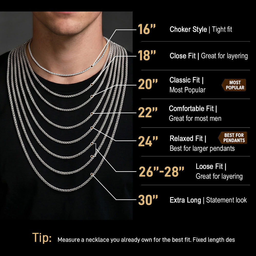 A man wearing layered silver chain necklaces with text labels showing different lengths and fit description.