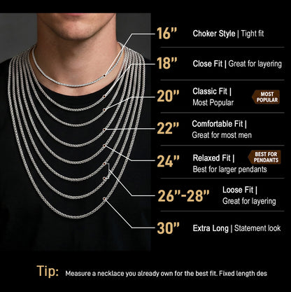 A man wearing layered silver chain necklaces with text labels showing different lengths and fit description.