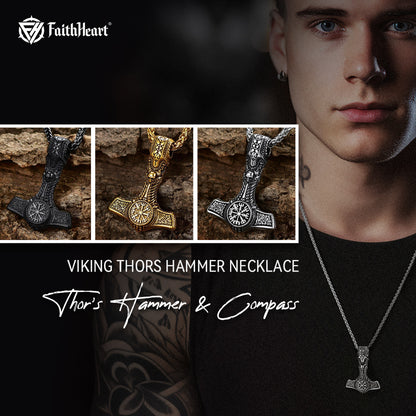 Thor's Hammer Necklace With Viking Compass For Men