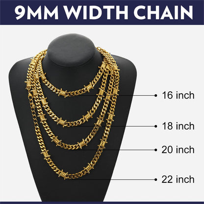 Barb Wire Cuban Link Chain Choker Necklace for Men Women 9MM Width