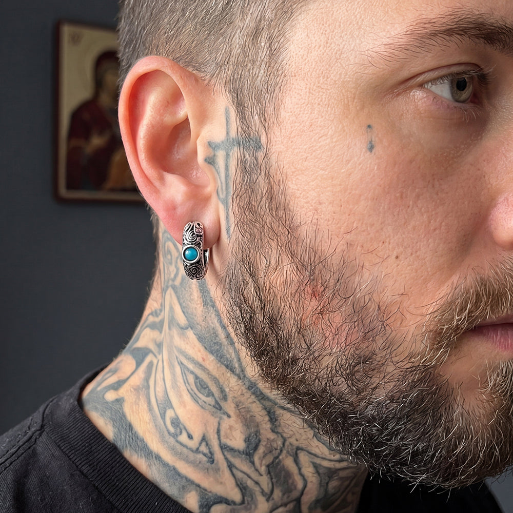 Vintage Turquoise Stone Hoop Earrings for Men, 13mm Size Huggie