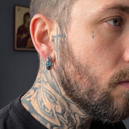 Vintage Turquoise Stone Hoop Earrings for Men, 13mm Size Huggie