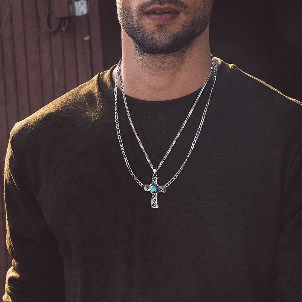 Turquoise Celtic Cross Pendant Necklace For Men