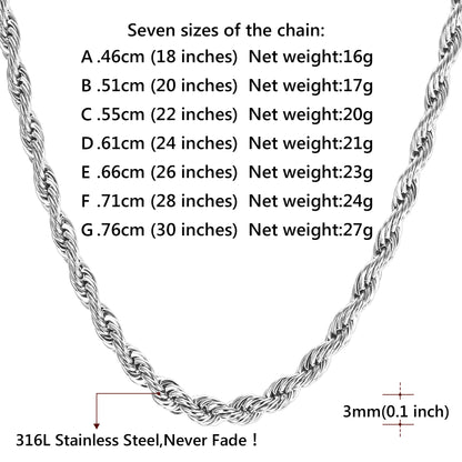 3MM Figaro Twisted Rope Chain Link Necklace for Men