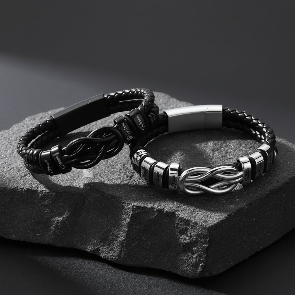 Black & silver Custom Engraved Names Infinity Love Knot Leather Bracelet for Men Couple