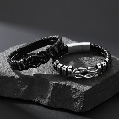 Black & silver Custom Engraved Names Infinity Love Knot Leather Bracelet for Men Couple