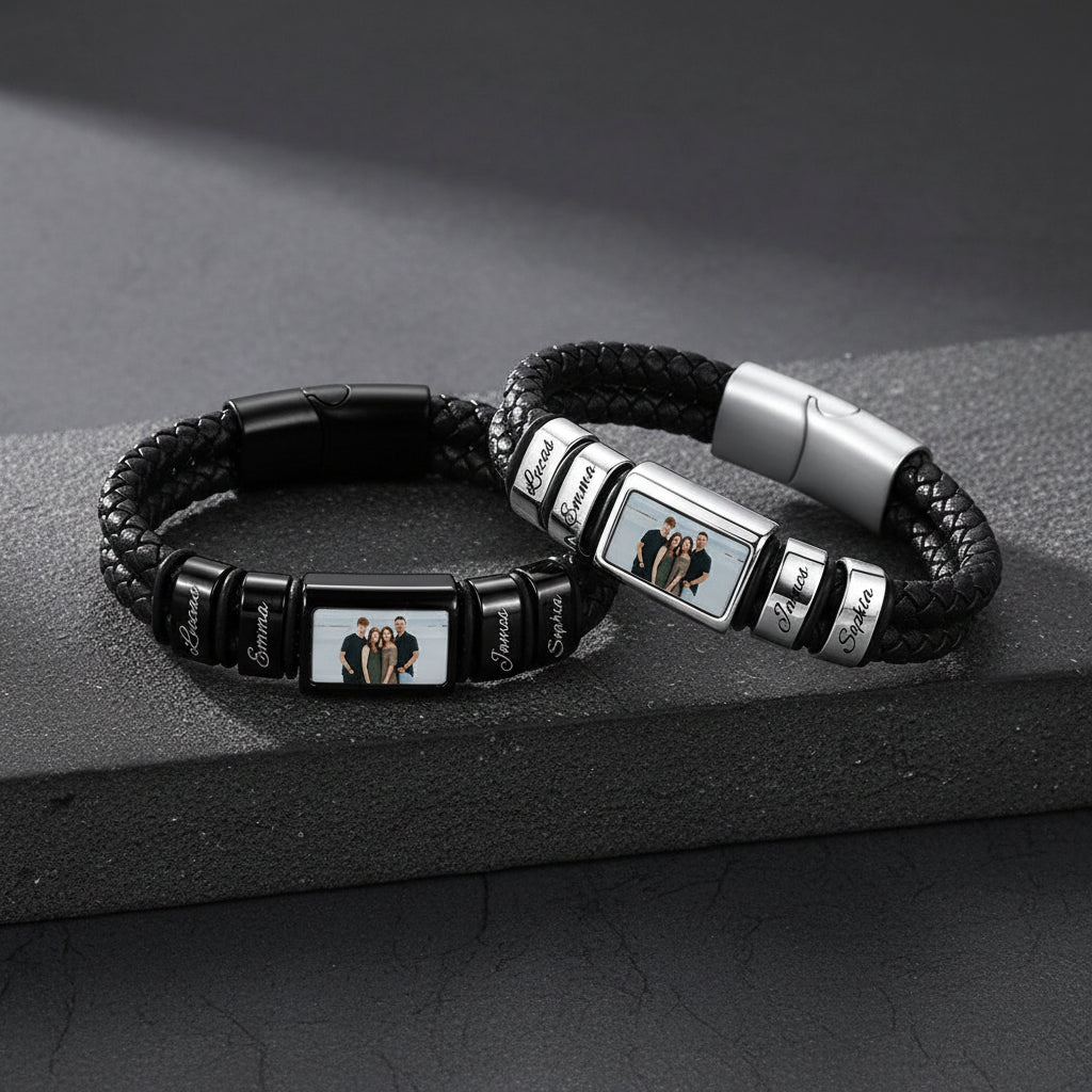 Custom photo name leather bracelets in multiple leather color options