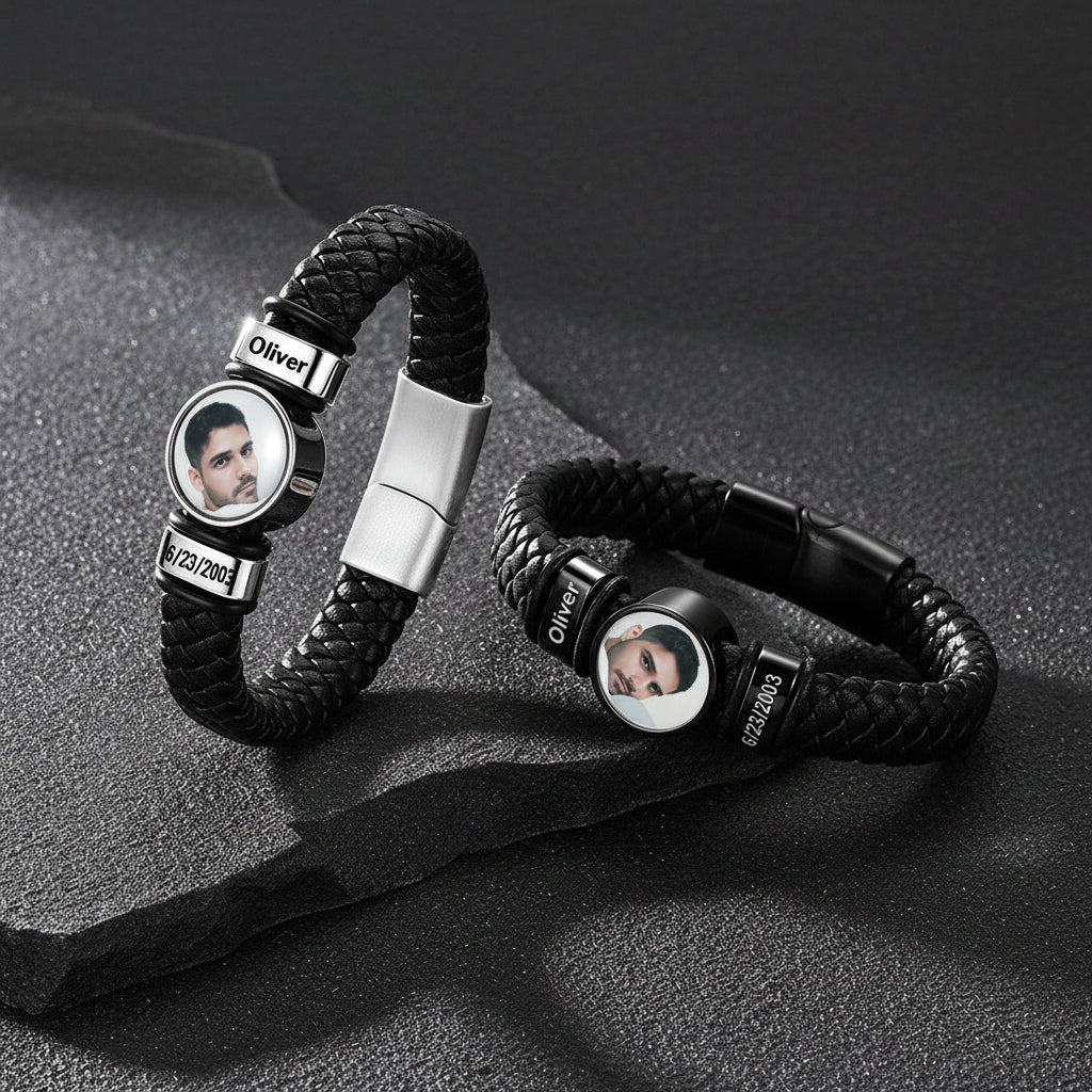 Custom photo name leather bracelets in multiple leather color options