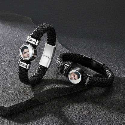 Custom photo name leather bracelets in multiple leather color options