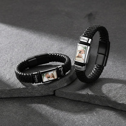 Personalized multi name engraved leather bracelets in multiple colors – black steel braided wristbands