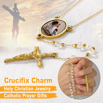 Personalized Photo Rosary Beads Cross Necklace With Picture for Women Men