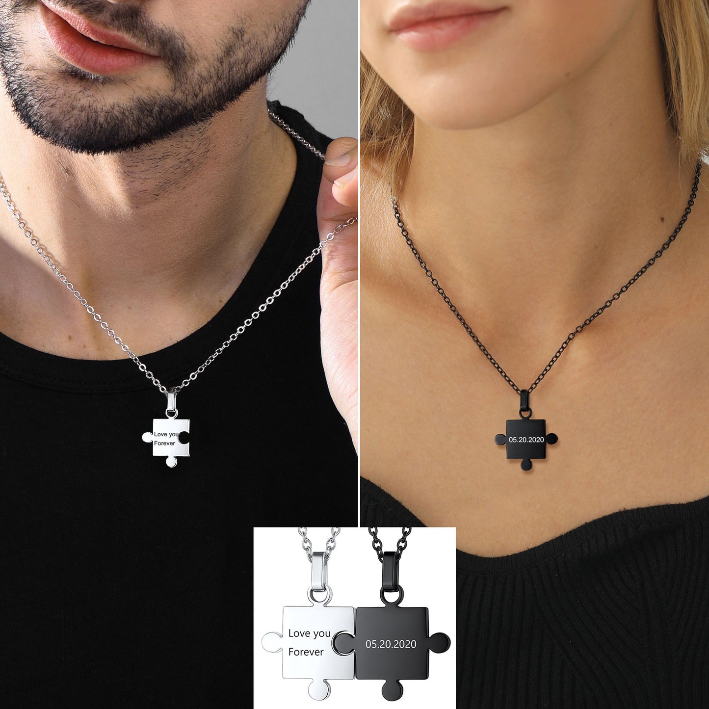 Custom Puzzle Matching Necklaces for Couple 2Pcs