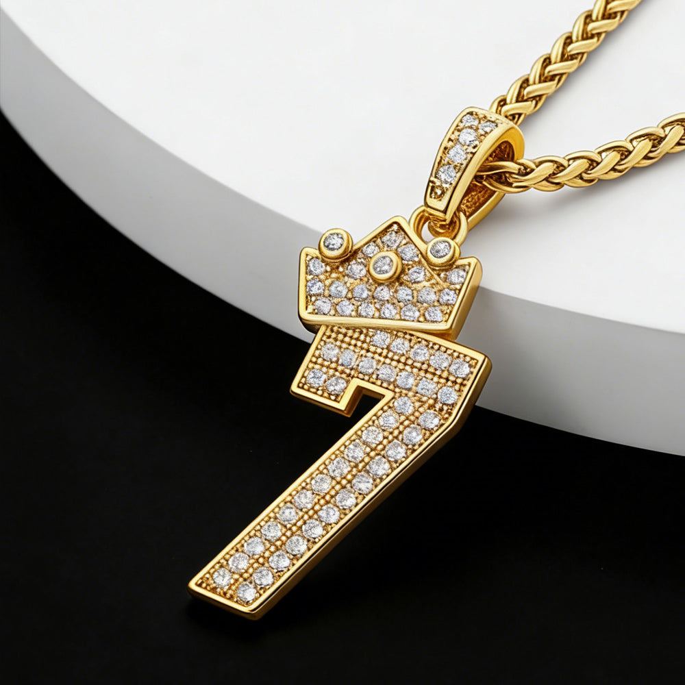 Bling Crown CZ Lucky Number Necklace for Men-  FaithHeart Jewelry