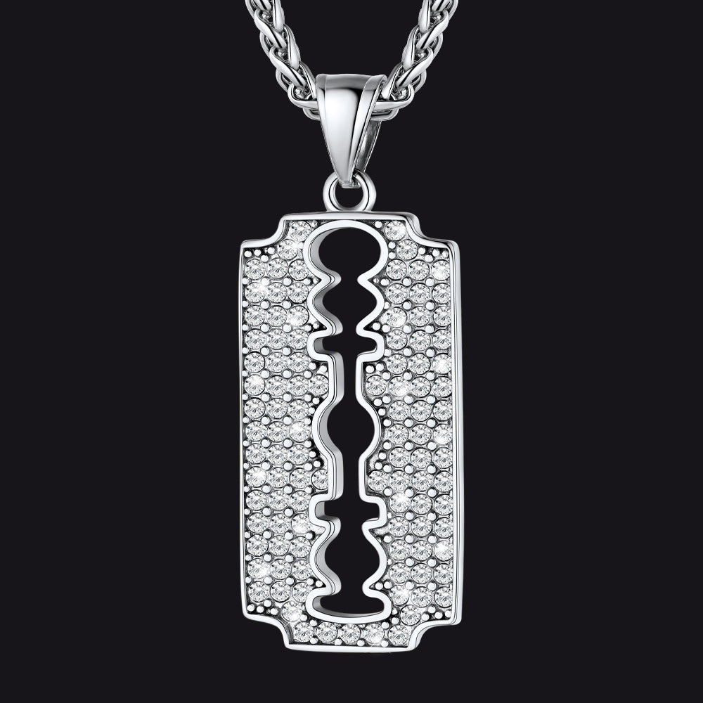 Steel Razor Blade Pendant Necklace with Diamond for Men