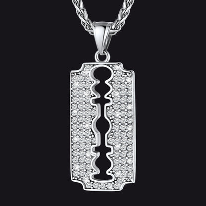 Steel Razor Blade Pendant Necklace with Diamond for Men