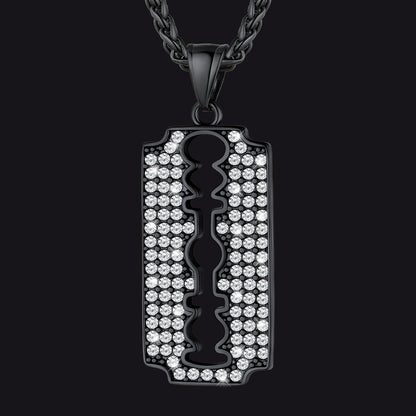 Black Razor Blade Pendant Necklace with Diamond for Men