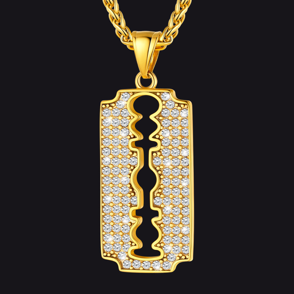 Gold Razor Blade Pendant Necklace with Diamond for Men