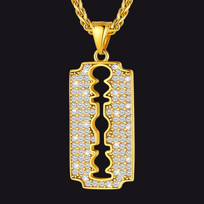 Gold Razor Blade Pendant Necklace with Diamond for Men